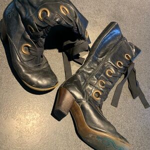 Knee high lace up Black leather Boots